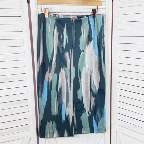 NY & Comp. Paint Stroke Print Stretch Scuba Knit Pencil Skirt Blue Grey 2 - Picture 9 of 13